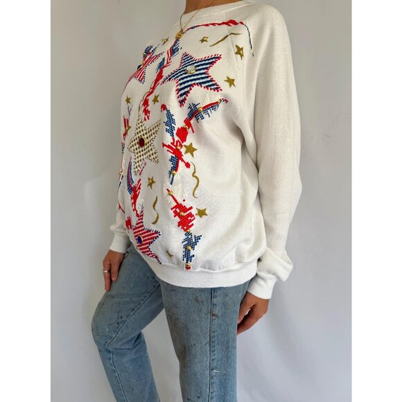 80s vintage embellished abstract star print USA retro graphic pullover sweater - Picture 3 of 7